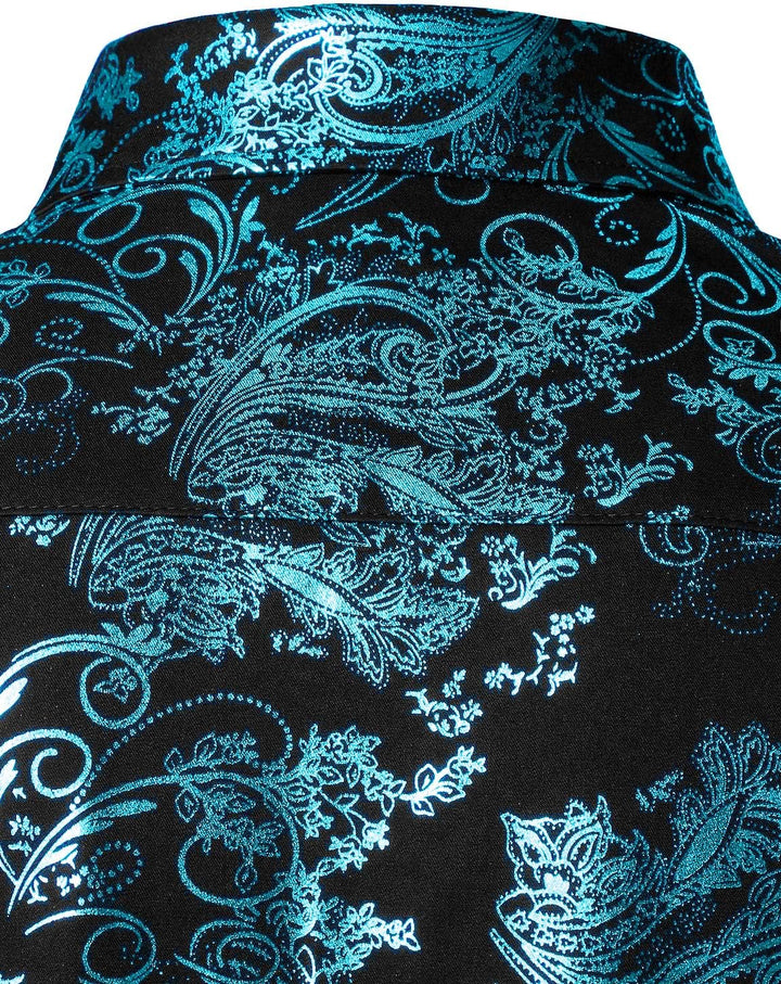 PARKLEES Herren Luxus Paisley Gemustert Golden Glänzend Slim Fit Freizeithemd L Schwarz Türkis, L Sc