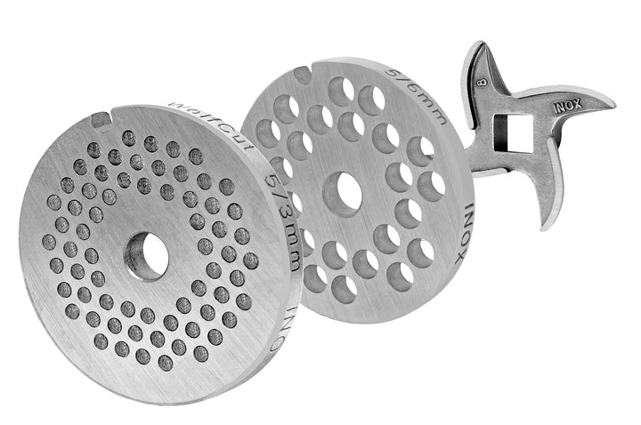 Wolfcut Lochscheibensatz Kompatibel/Ersatz mit alle Fleischwolf Grössen 5 / 3mm + 6mm und 1 Sichelme