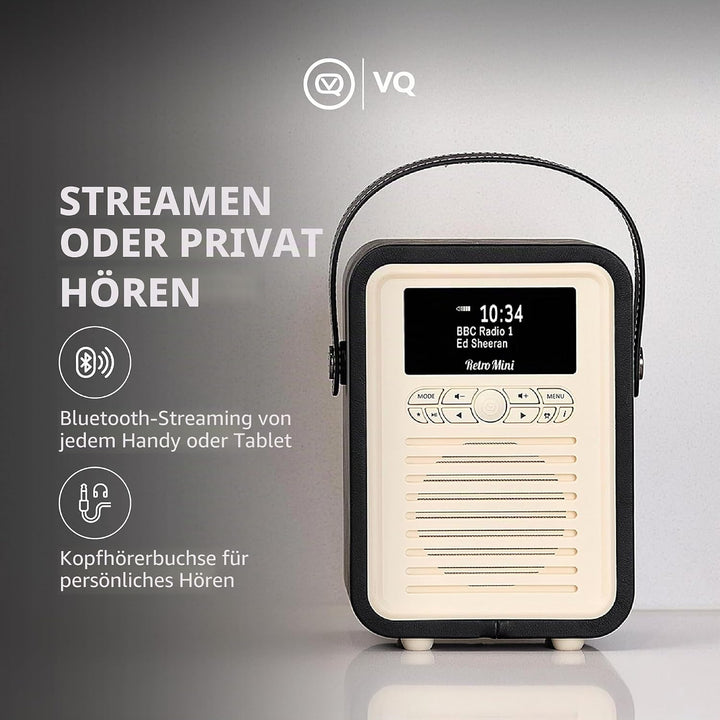 VQ Retro Mini Tragbares Radio mit Bluetooth-Lautsprecher und 60 Voreinstellungen. Enthält ein DAB-Ra
