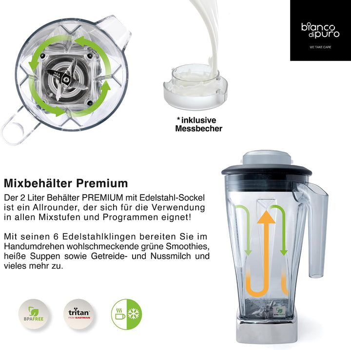 bianco di puro® Hochleistungsmixer Puro S Smoothie Maker 8 Mixprogramme 2 Liter Mixbehälter BPA-frei