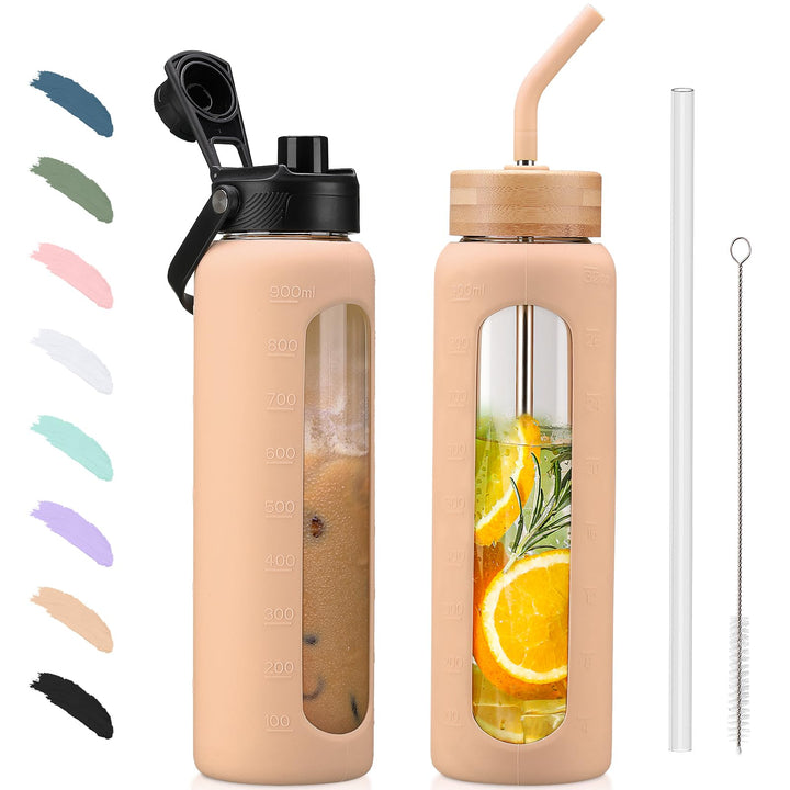 BLUEGO 900ml Glaswasserflasche mit Strohhalm und 2 Deckeln Kaffeetasse aus Glas mit Zeitmarkierung u