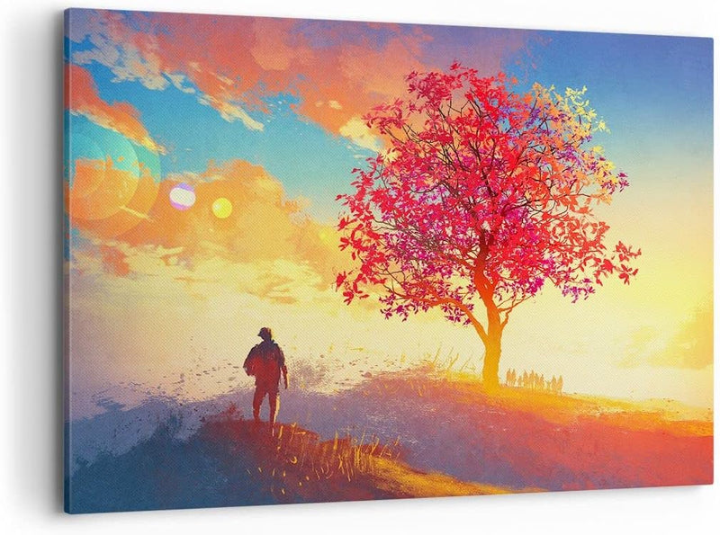 Bilder auf Leinwand 100x70cm Leinwandbild mit Rahmen Baum Wiese Feld Gross Wanddeko Bild Schlafzimme