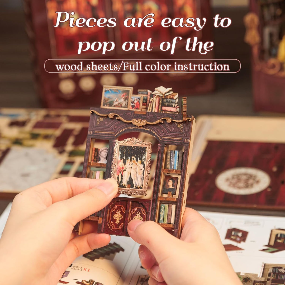 Fsolis DIY Book Nook,Puppenhaus Miniatur Haus Kit mit Holz Möbeln und LED-Licht,Bücherecke Bücherreg