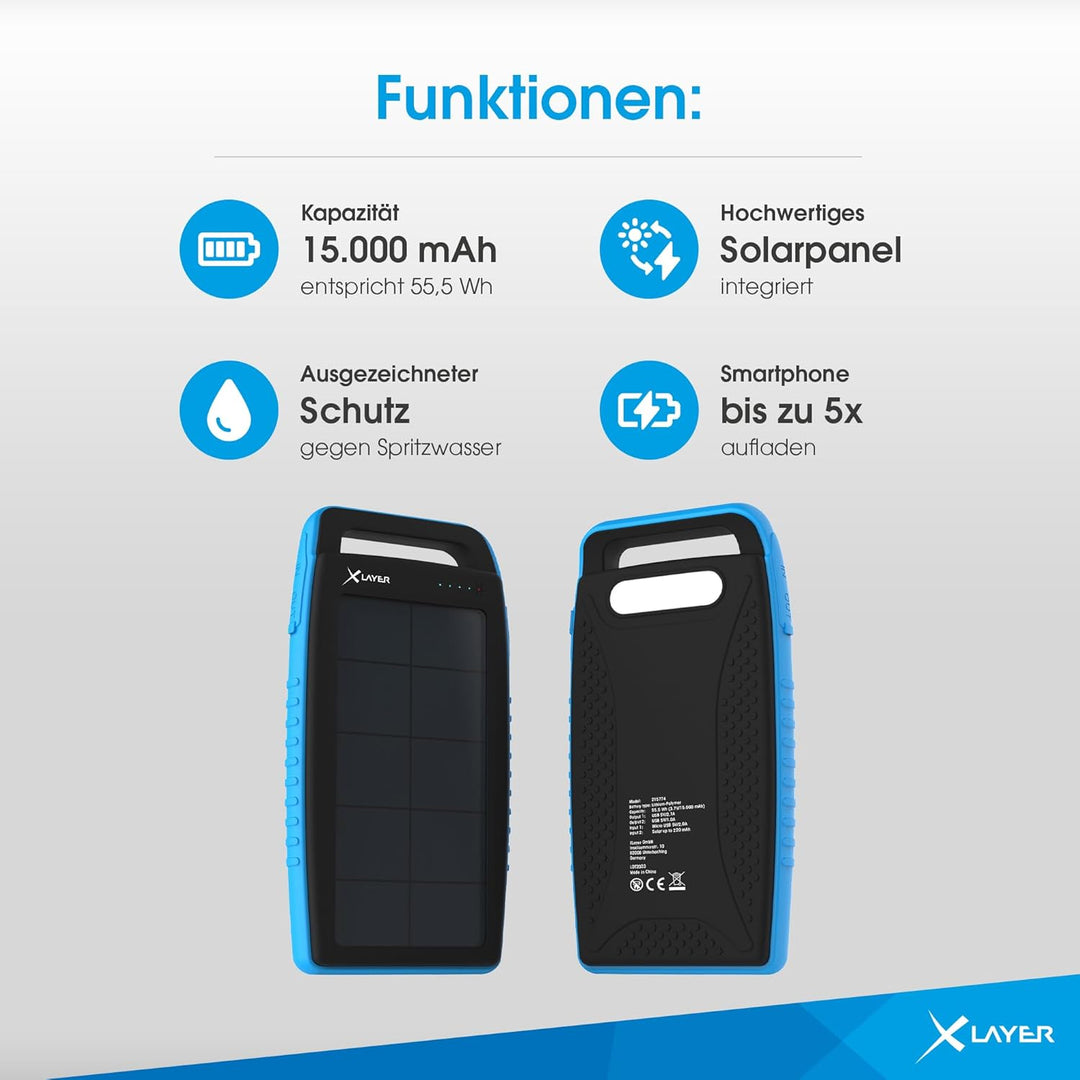 XLayer Solar Power Bank I 15000mAh I Schnellladen I Camping I Outdoor Ladegerät I Akkupack I Solarpa