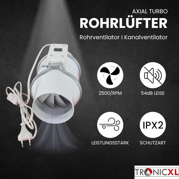 125mm Turboventilator 240m³/h Rohrventilator regelbar mit Ein Ausschalter und Kabel leise Rohrlüfter
