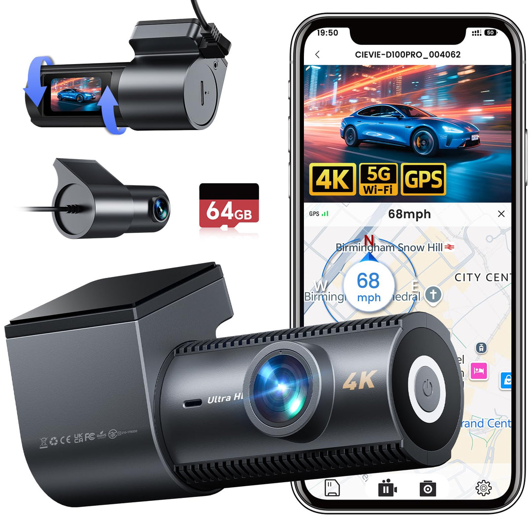 4K Dashcam Auto Vorne Hinten mit GPS 5GHz WiFi, Dual Dashcam 1,5″ IPS Display, Auto Kamera mit 64GB