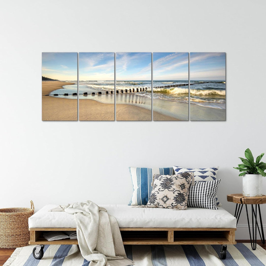 Runa Art Wandbild XXL Strand Meer Schlafzimmer Wohnzimmer 200 x 80 cm Bunt 5 Teilig - Made in German