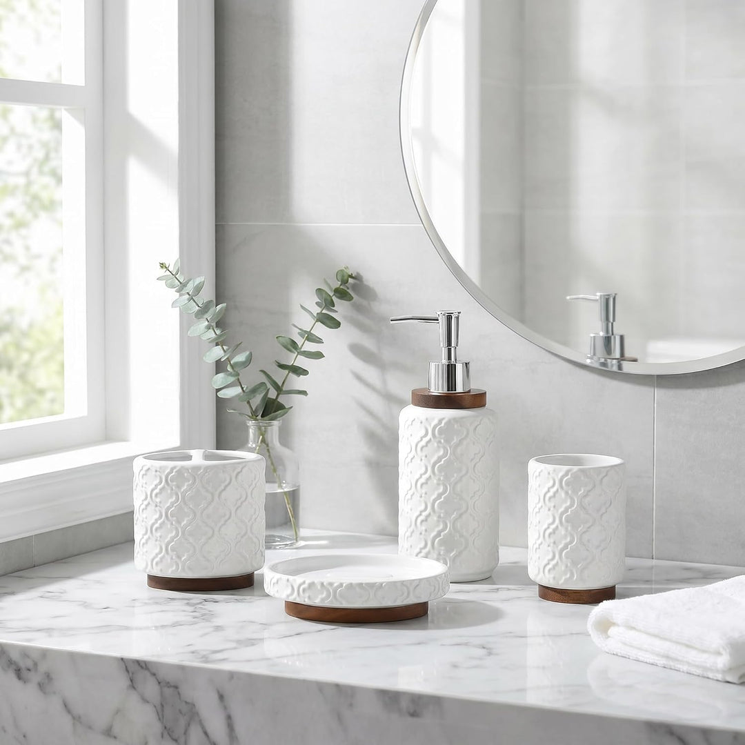 RQYIXI Geprägtes Keramik-Badezimmer-Zubehör-Set mit dunkelbraunem gebranntem Holz, marokkanisches Ra