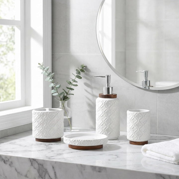 RQYIXI Geprägtes Keramik-Badezimmer-Zubehör-Set mit dunkelbraunem gebranntem Holz, marokkanisches Ra