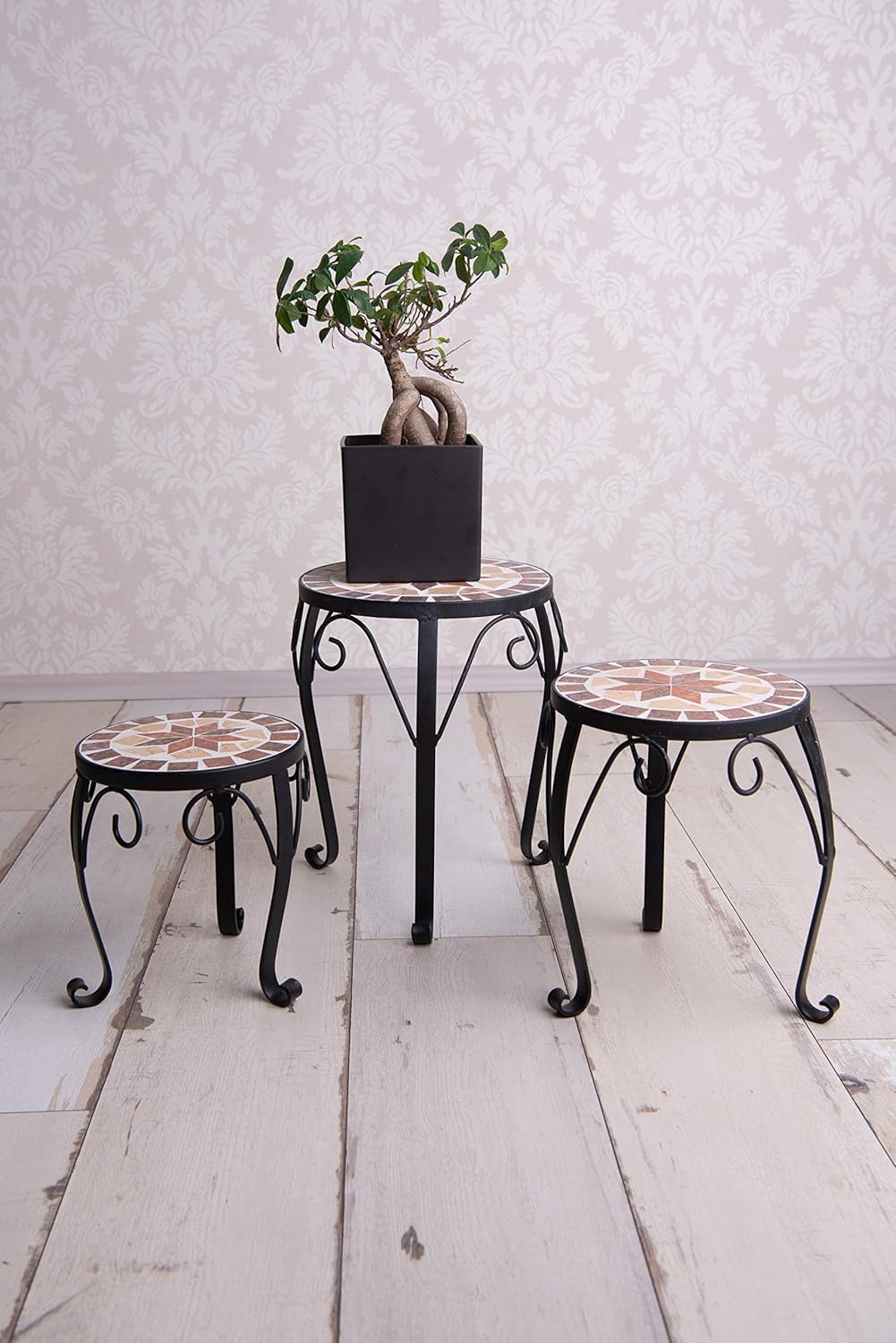 dszapaci Blumenhocker 3er Set Mosaik rund Garten Blumenständer Metall Terrasse Pflanzenständer Keram