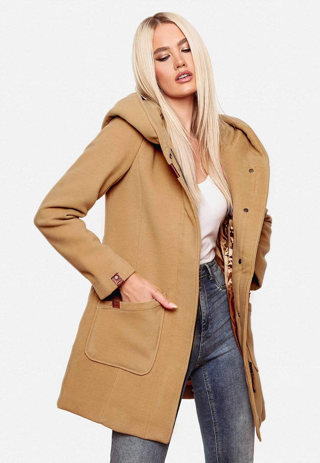 MARIKOO Damen Mantel in Wollmantel-Optik Warmer Trenchcoat mit Kapuze Maikoo XS-5XL L Braun, L Braun