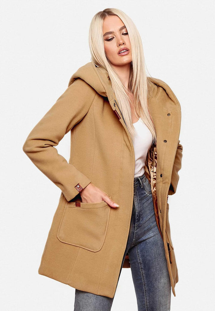 MARIKOO Damen Mantel in Wollmantel-Optik Warmer Trenchcoat mit Kapuze Maikoo XS-5XL L Braun, L Braun