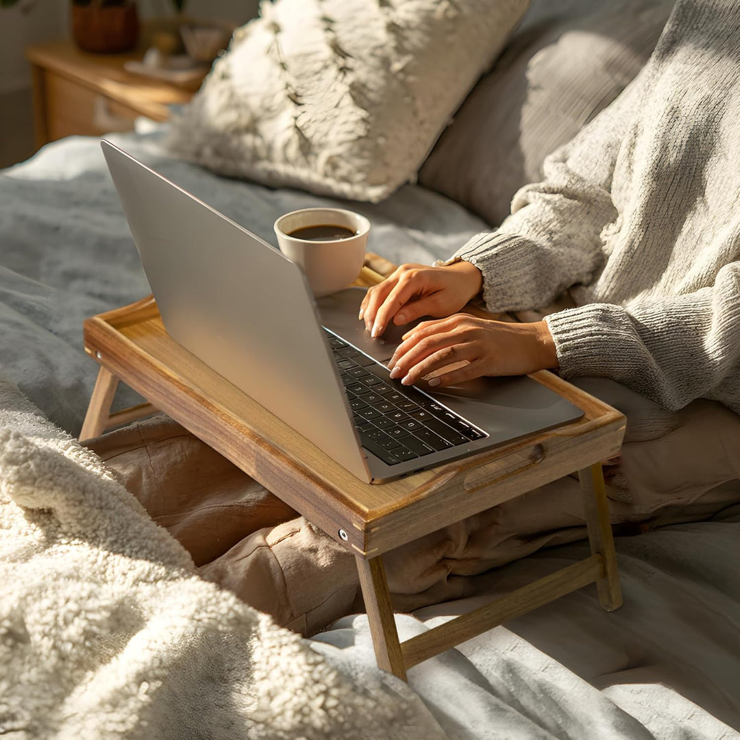 Utoplike Akazienholz-Betttablett zum Essen, Frühstückstablett für das Bett, Faltbarer Serviertisch a