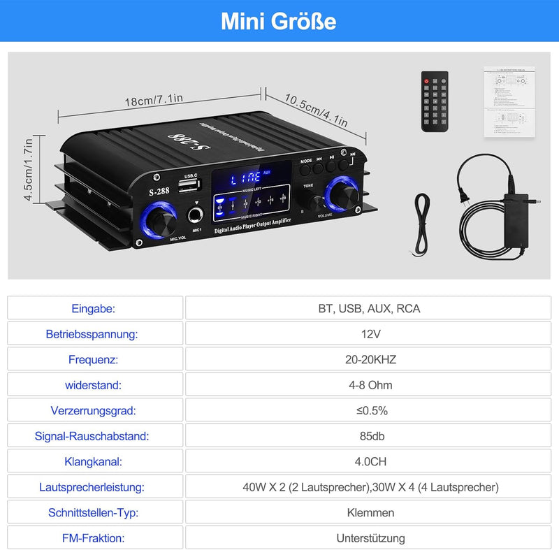 HiFi Verstärker S-288 600W Mini Bluetooth Stereo Audio Verstärker Receiver 12V/ 220V 4 Kanäle Digita