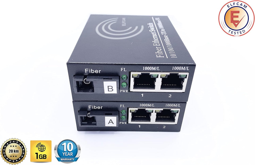 Elfcam® - Gigabit Ethernet LWL Media Converter Fibre Optic 10/100/1000 Mbps Including Mini-GBIC (SFP