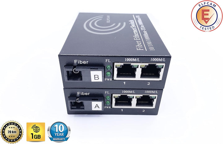 Elfcam® - Gigabit Ethernet LWL Media Converter Fibre Optic 10/100/1000 Mbps Including Mini-GBIC (SFP