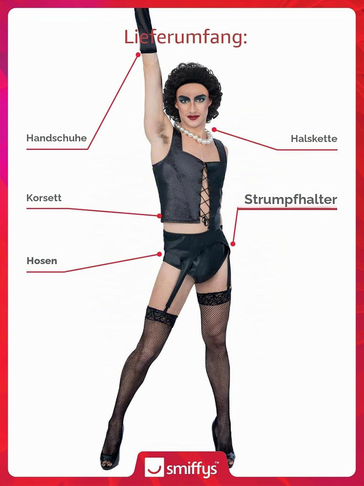 Smiffys Rocky Horror Show Frank N Furter Kostüm für Erwachsene, Korsett, Strapsgürtel, Hose, Handsch