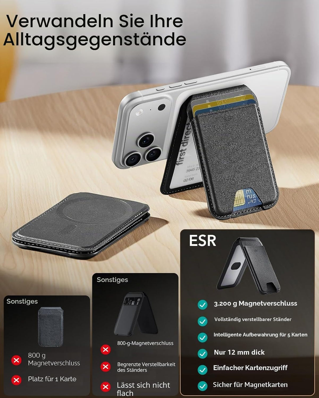 ESR HaloLock Magnetischer Vegan Leder Wallet Ständer, kompatibel mit MagSafe Wallet mit verstellbare
