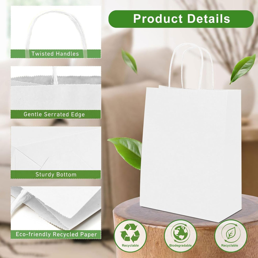 Gucass 50 Stück Klein Papiertüten mit Henkel, Weiss Kraft Papiertaschen Geschenktüten, 15x8x21cm Pap