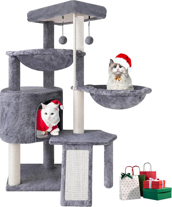 TINWEI Katzenbaum mit Katzenhütte und Zwei Hängematten, Grau, Grau