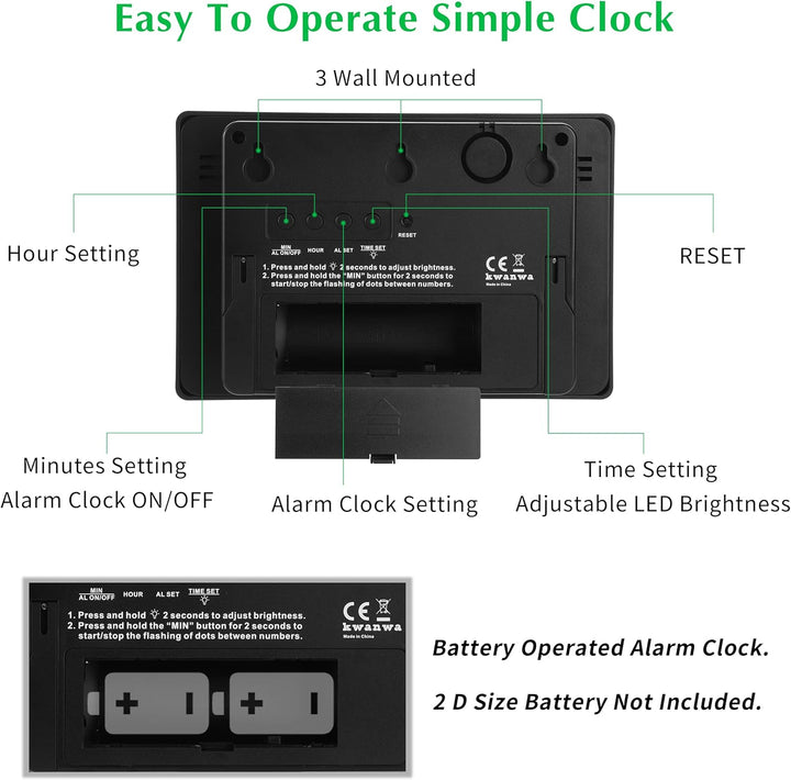 KWANWA Digitale Wecker Uhren LED Wanduhr mit 3 '' grossem Display nur batteriebetrieben Schwarz-rote