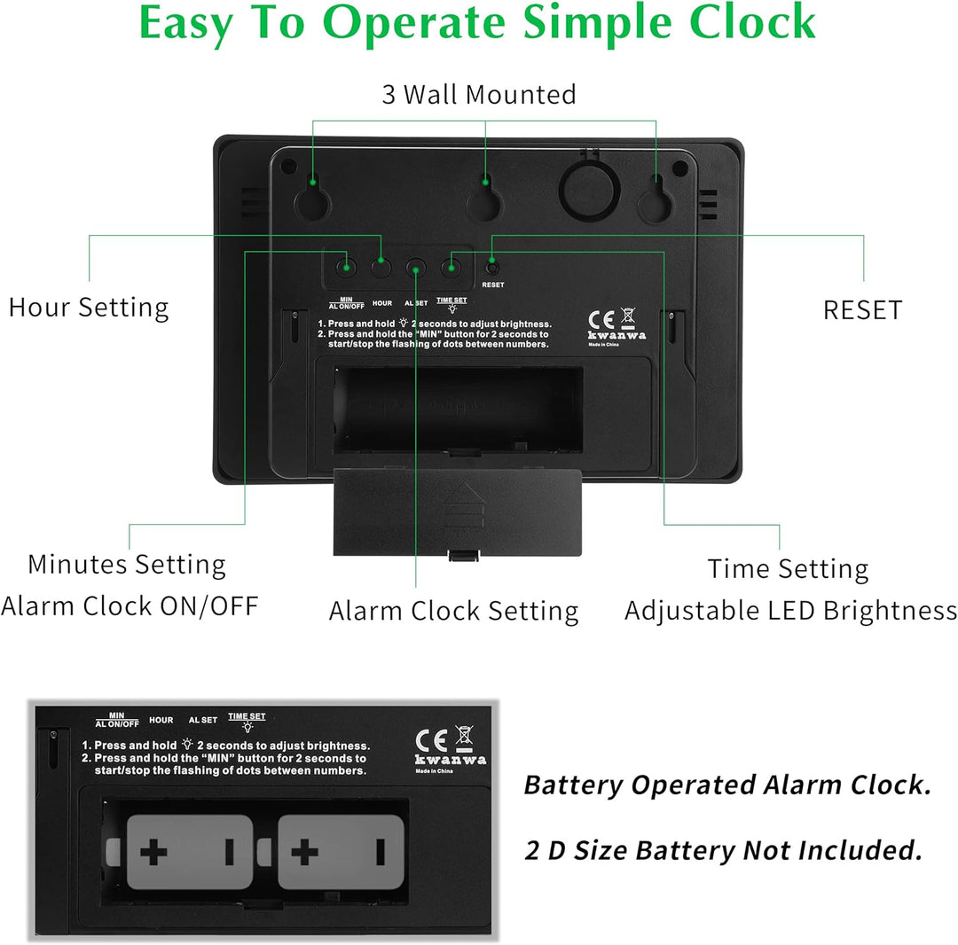 KWANWA Digitale Wecker Uhren LED Wanduhr mit 3 '' grossem Display nur batteriebetrieben Schwarz-rote