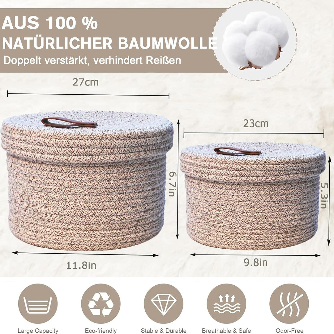2 STÜCKE Kosmetik Aufbewahrungskorb mit Deckel Aufbewahrungsbox Natürliches Baumwollgarn Weiss, Weis