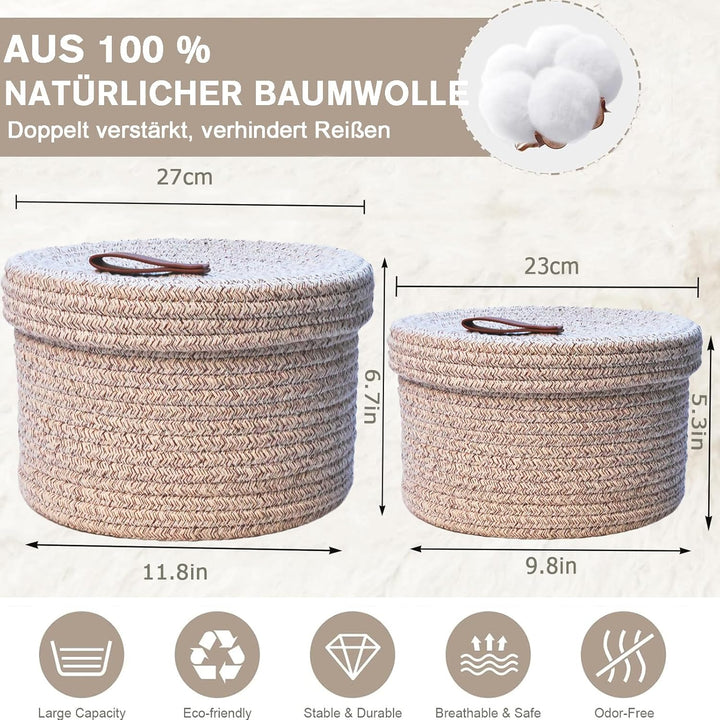 2 STÜCKE Kosmetik Aufbewahrungskorb mit Deckel Aufbewahrungsbox Natürliches Baumwollgarn Weiss, Weis