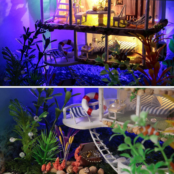 Cuteefun DIY Miniatur Puppenhaus Meer Kit zum BAU Miniatur Haus mit Staubdichten Möbeln und Werkzeug