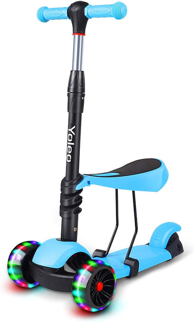 YOLEO 3-in-1 Kinder Roller Scooter mit Abnehmbarem Sitz, LED grosse Räder, Höheverstellbare Lenker f