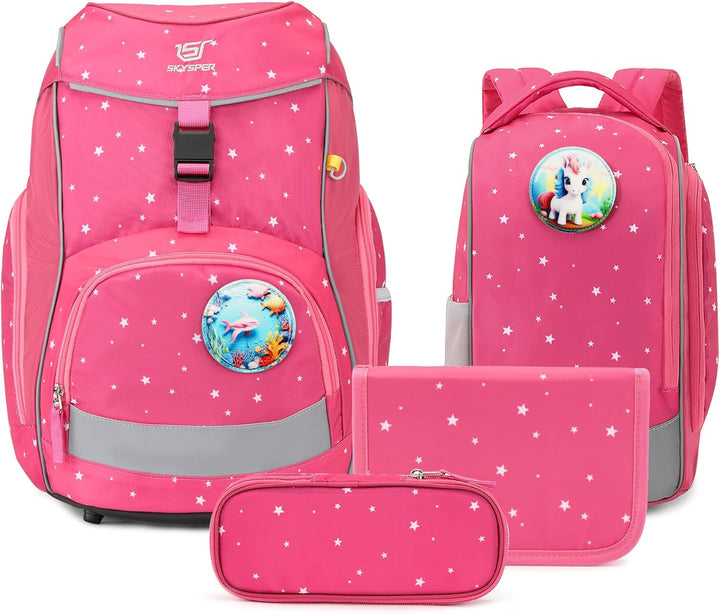 SKYSPER Schulranzen Set 5-teilig für Jungen Mädchen 1. Klasse Grundschule Schulrucksack Sporttasche