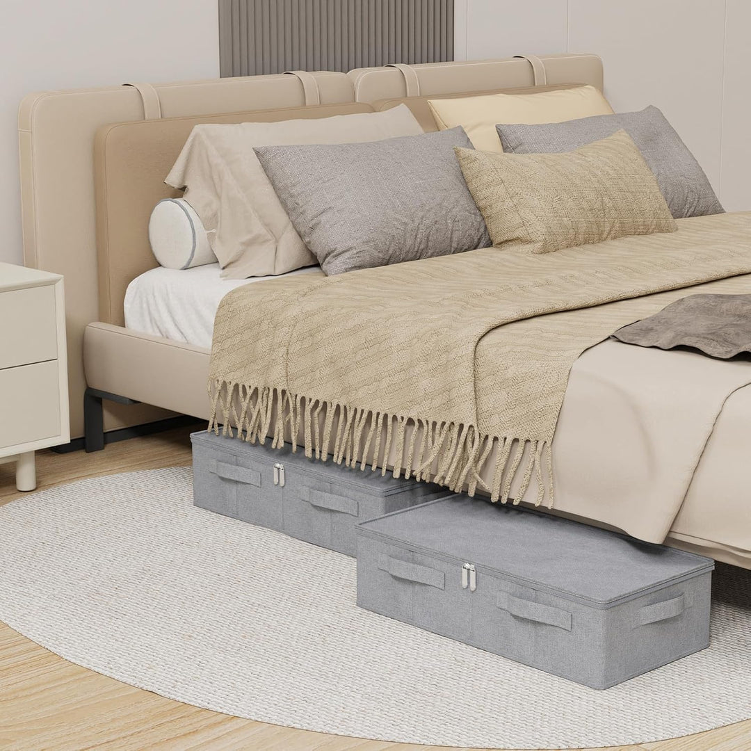 Unterbett Aufbewahrungsbox aus Leinen, Faltbare Tasche für Bettlaken mit Deckel, Unterbettbox Organi