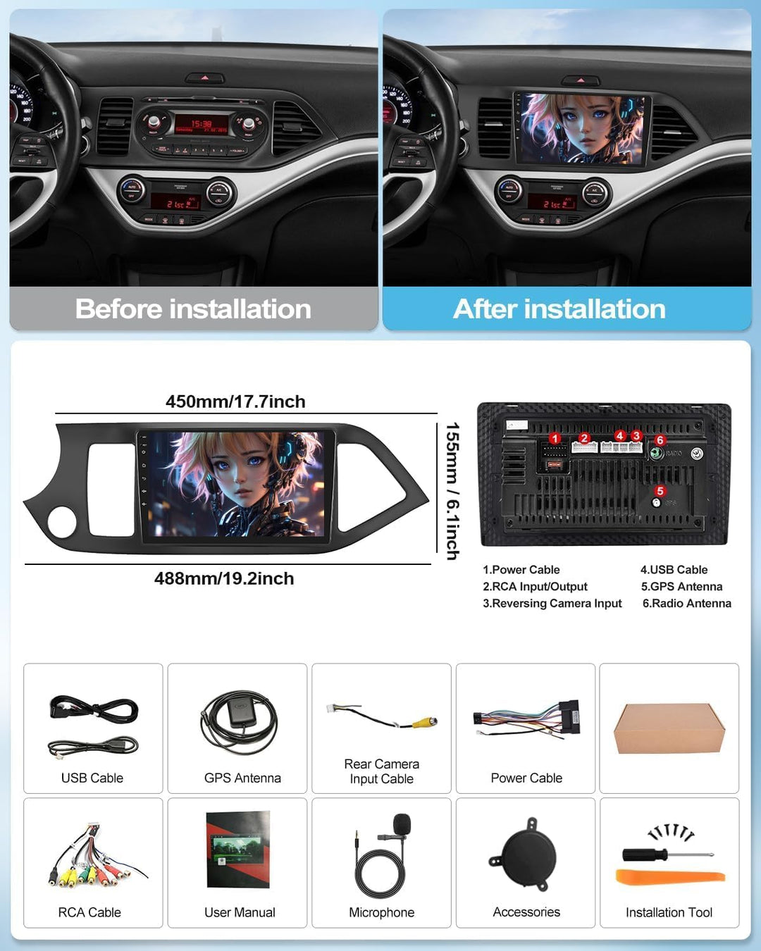 CAMECHO [8-Kern 4G+64G] Android 15 Autoradio für KIA Picanto TA 2011-2016 mit Navi Carplay Android A