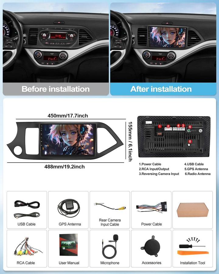 CAMECHO [8-Kern 4G+64G] Android 15 Autoradio für KIA Picanto TA 2011-2016 mit Navi Carplay Android A