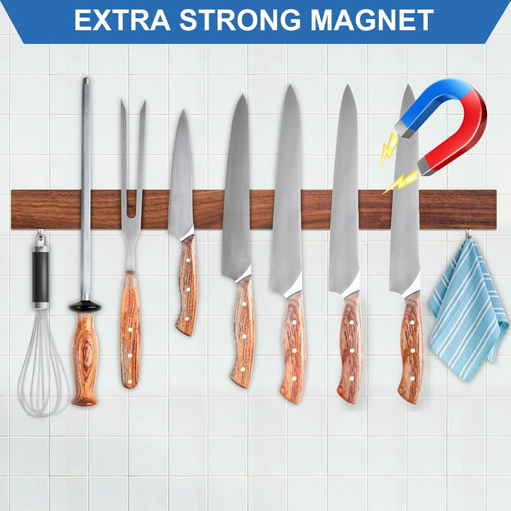 Magnetleiste Messer, Messerhalter magnetisch aus Walnussholz mit 2 Haken, 59cm Magnet Messerhalter H