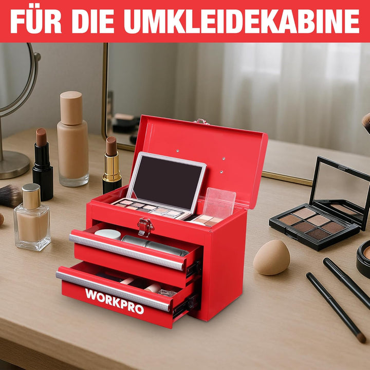 WORKPRO Metall Schubladenbox mit 2 Schubladen & Oberer Stauraum Rot, 27,5x15x20,8cm Tisch Organizer