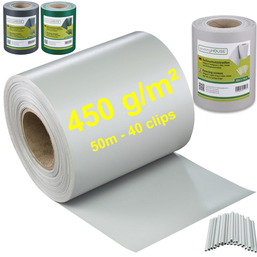 Workinghouse PVC Sichtschutzstreifen für Doppelstabmattenzaun - 450g/m² 50 m x 19 cm - Zaunsichtschu