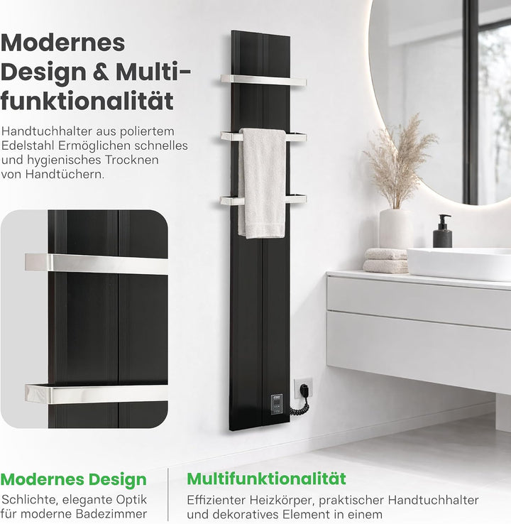 Finesa-D Badheizkörper elektrisch mit Thermostat 1000×408 mm | 700 W – Flacher Paneel Design Handtuc
