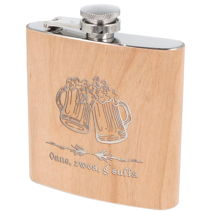 Spruchreif | Flachmann "Oans, zwoa, g’suffa" mit Bierkrug-Motiv | Gravierte Edelstahl-Hip Flask | 17