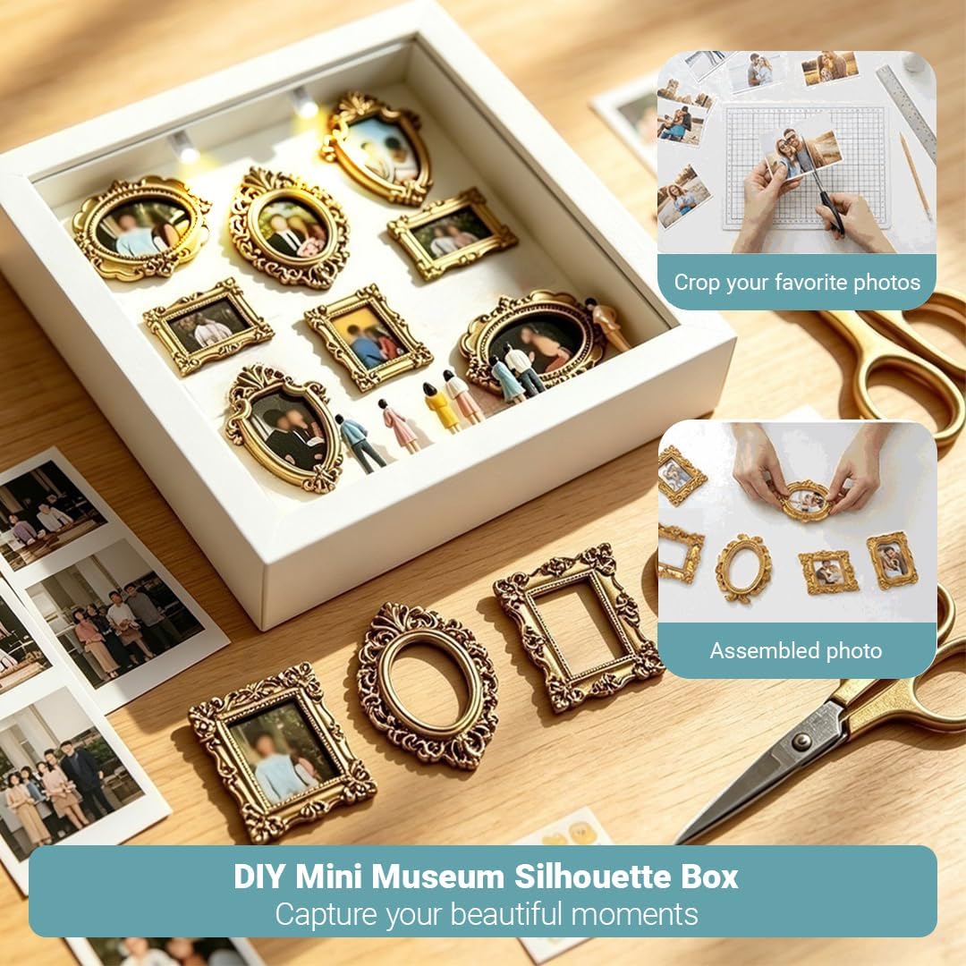DIY Mini Museum Silhouette Box, RosyFate Mini Museum Bilderrahmen mit Lichtern, 8 Goldenen Mini Rahm