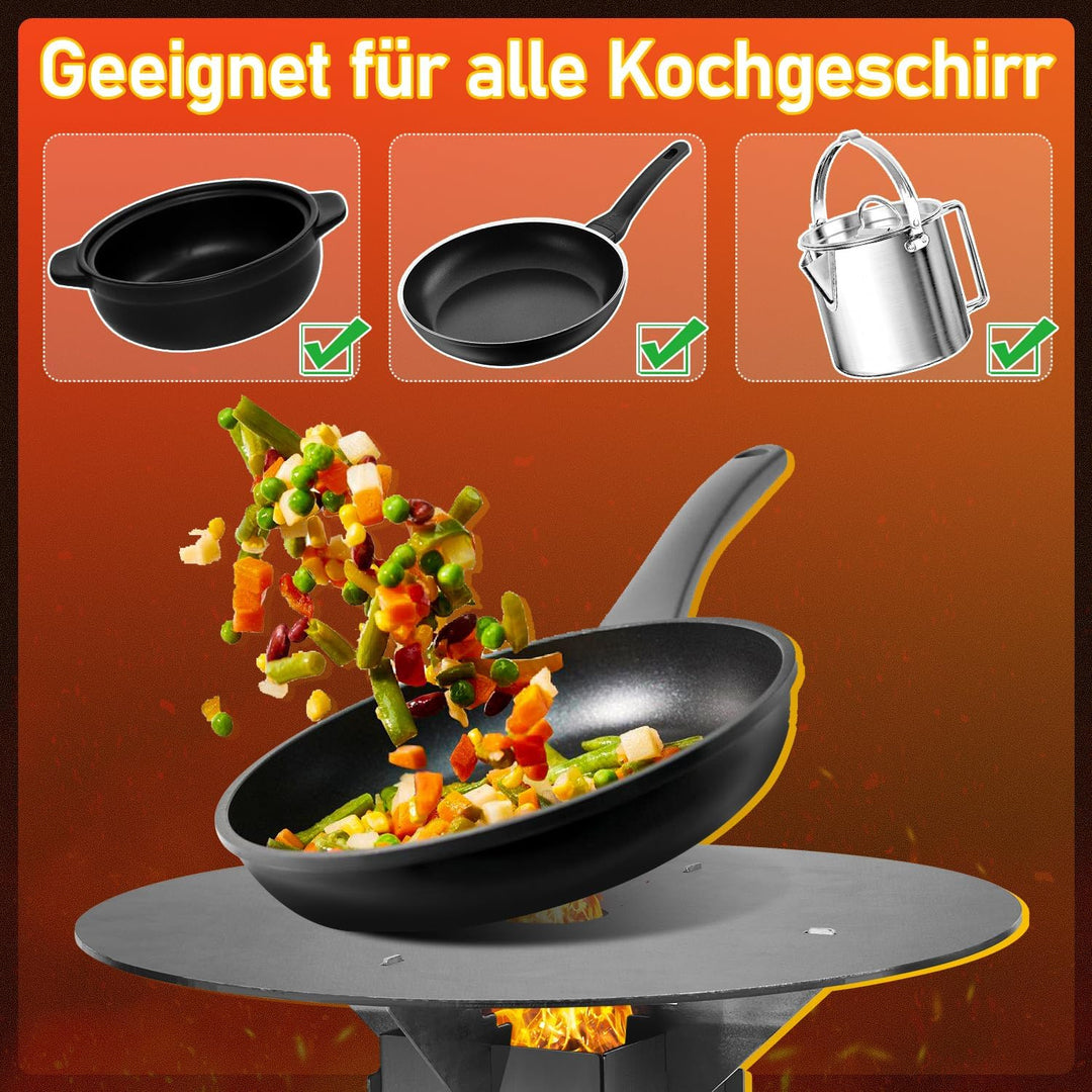 Raketenofen mit Grillplatte 50 cm, Rocket Stove aus 3 mm Stahl | Outdoor Holzofen für Camping &amp; BBQ,