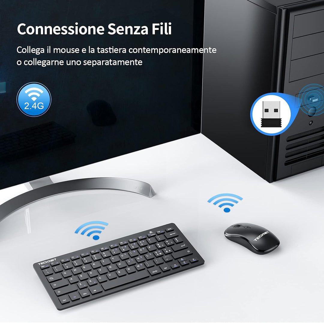 TECKNET Kabellose Tastatur und Maus-Set, 2,4 GHz, italienisches QWERTY-Layout, Slim Full-Size, Kombi