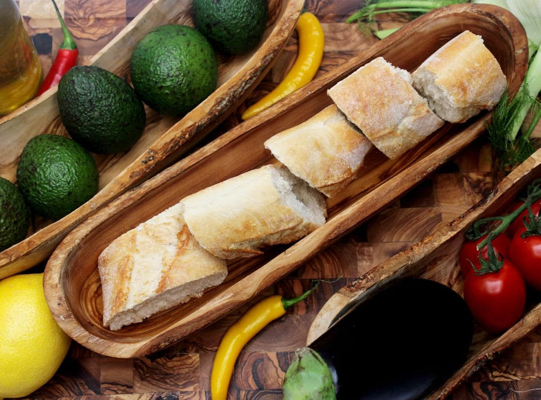 DAGDEG Brotschale aus Olivenholz 30 cm – rustikale Obstschale Holz länglich – Handmade Baguette Scha