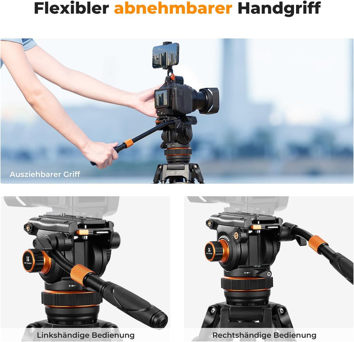 Video stativ, K&F Concept VA3+BV20 Kamera Stativ,Videostativ mit 360°Fluidkopf,191cm Video Tripod, K