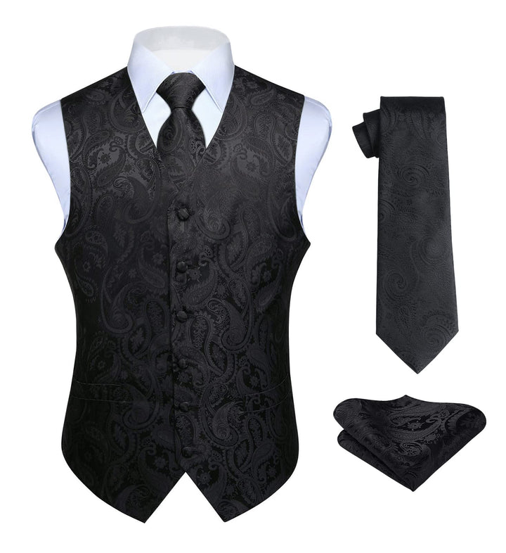 HISDERN Herren FLoral Hochzeit Weste Krawatte Einstecktuch Taschentuch Jacquard Weste Anzug Set 4XL