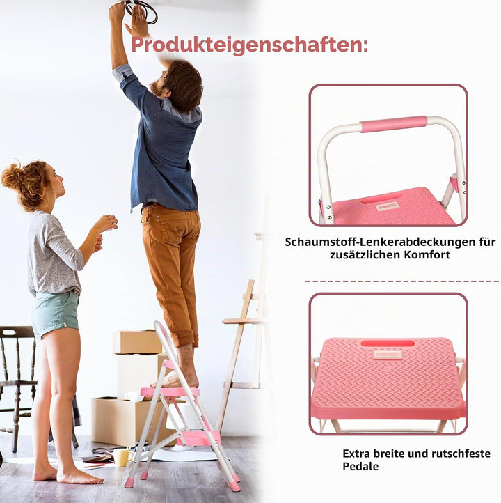 BONTEC Trittleiter 2 Stufen Klappbar, 272kg/600lbs Kapazität mit Breiten Anti-Rutsch-Pedalen, Faltba