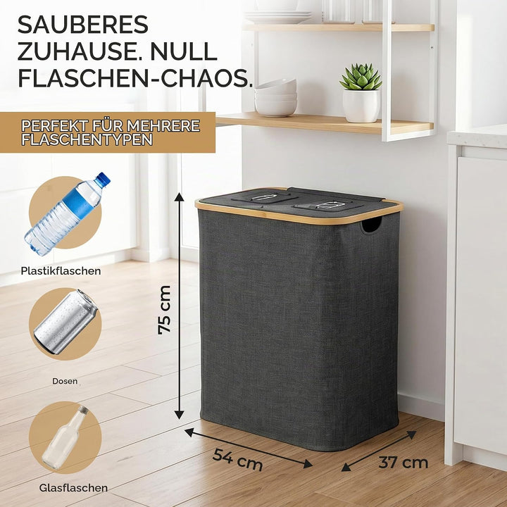 160L Pfandflaschen Sammelbehälter aus Bambus &amp; Stoff mit integrierter Tragetasche – Fassungsvermögen