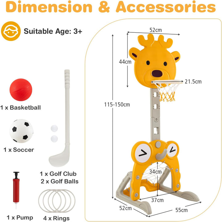 HOMASIS 4 in 1 Kinder Basketballkorb Set, multifunktional Basketballständer mit Fussballtor &amp; Golf &amp;