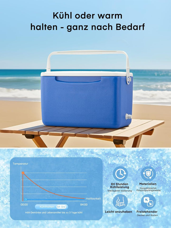 Kühlbox 26L ohne Strom mit Schale & Ablassventil, tragbare isolierte Thermobox mit Griff, hochwertig