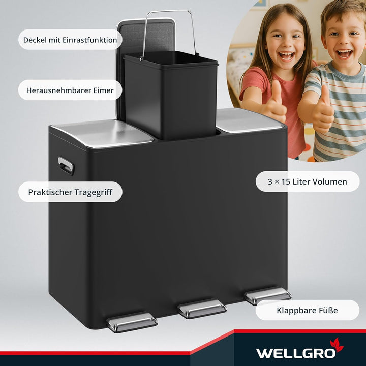 WELLGRO Treteimer, Mülleimer, Edelstahl Tretmülleimer mit 3 x 15 Liter, klappbaren Fusspedalen, Abse